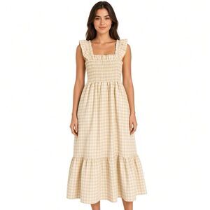 Chou Yatou Womens Small Flutter Ruffle Sleeve Smocked Gingham Maxi Pockets Dress